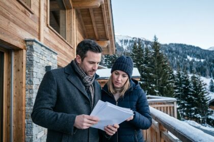 Couple consultant des documents de location immobilière devant un chalet à Crans-Montana en hiver
