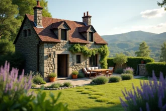 Petite maison en pierre avec jardin privatif à louer dans le Puy-de-Dôme, façade en basalte volcanique et toit en tuiles