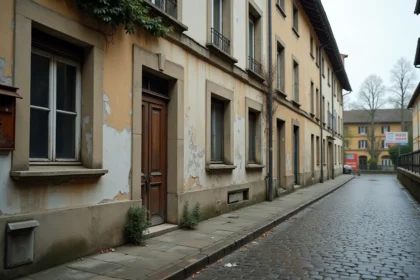 Immeuble de logements vacants dans une ville moyenne française avec volets fermés et façade dégradée, illustrant la problématique des taxes sur logements inoccupés