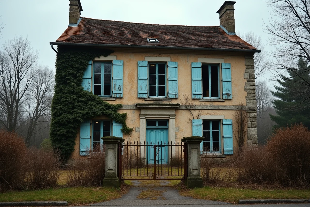 Maison abandonnée en pierre dans la campagne française avec volets délabrés et jardin envahi par la végétation, illustrant l'achat immobilier en indivision familiale