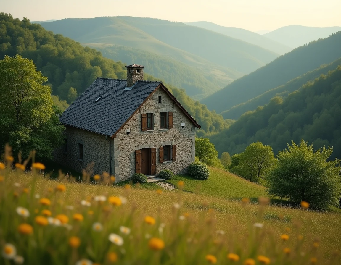 Maison en pierre isolée à vendre dans le Cantal entourée de prairies et de forêts verdoyantes