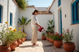 Femme marocaine arrosant son jardin intérieur dans une maison traditionnelle d'Essaouira avec murs blancs et volets bleus