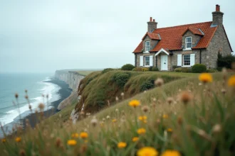 Maison normande en pierre sur falaise avec vue panoramique sur la Manche en Normandie