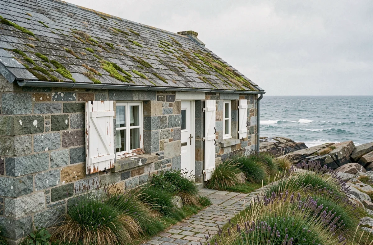 Petite maison de pêcheur en granit breton au bord de mer avec volets blancs vieillis et vue sur l'Atlantique en Bretagne