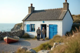Petite maison de pêcheur en pierre blanche avec volets bleus à vendre en bord de mer en Bretagne, idéale comme résidence secondaire