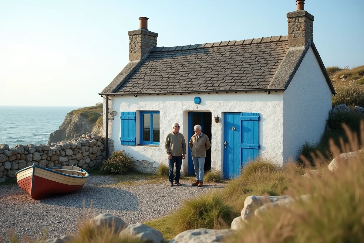 Petite maison de pêcheur en pierre blanche avec volets bleus à vendre en bord de mer en Bretagne, idéale comme résidence secondaire