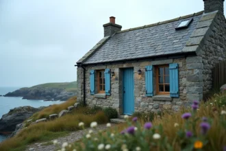 Maison de pêcheur en pierre bretonne à vendre avec vue sur la côte atlantique et volets bleus délavés