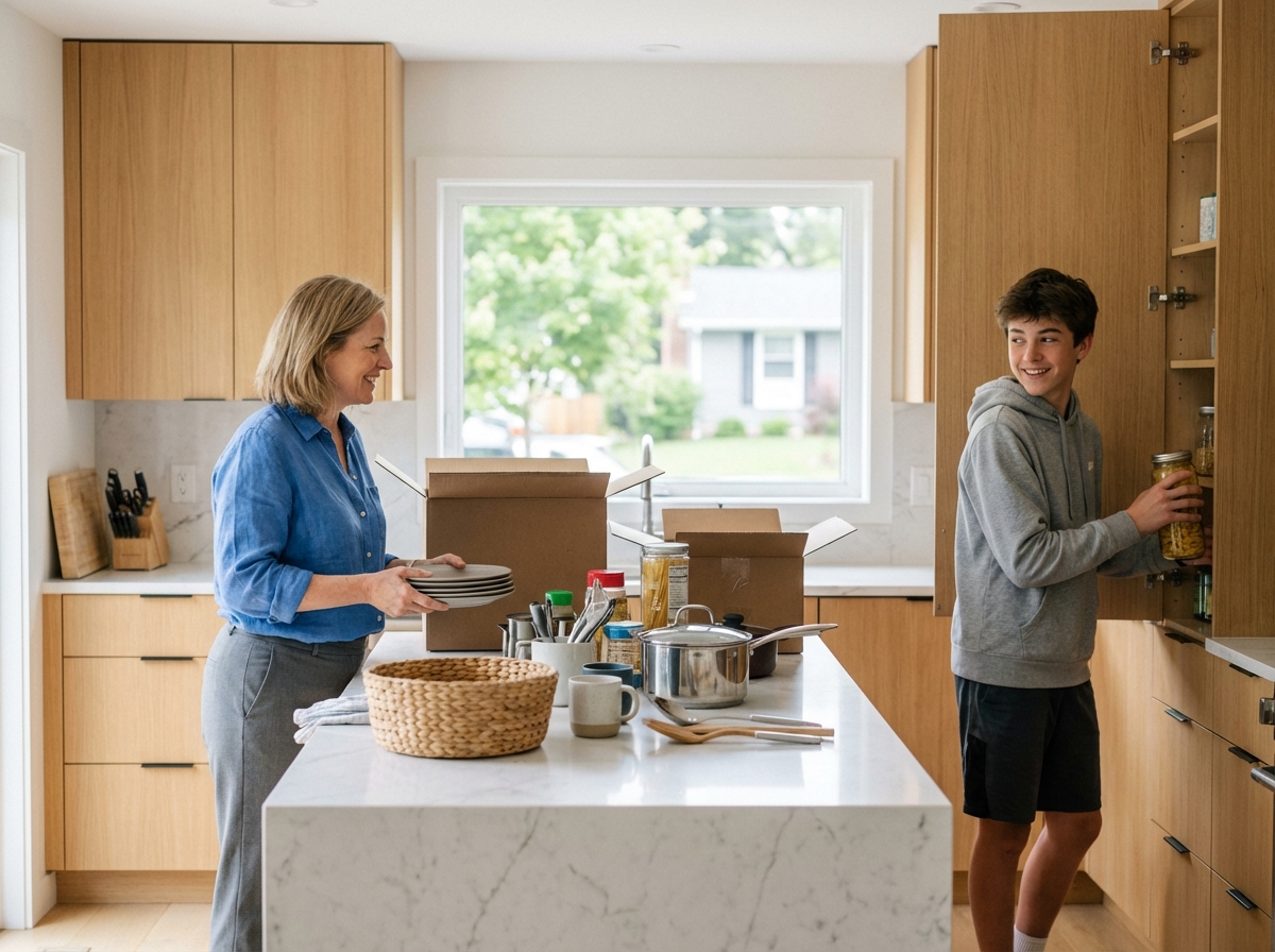 Une mère et son fils organisent la cuisine