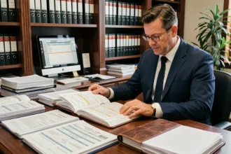 Marchand de biens préparant un contrôle fiscal avec des documents immobiliers et des formulaires TVA sur un bureau professionnel