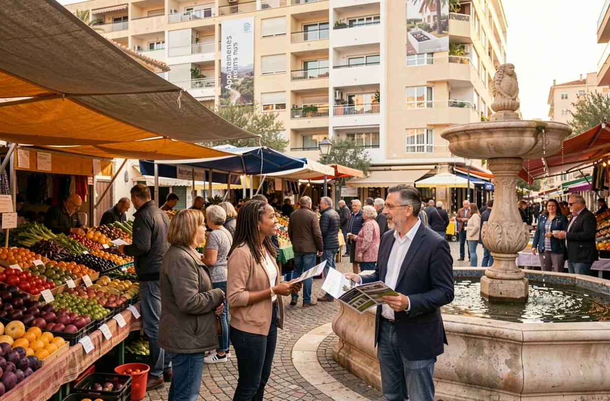 Agent immobilier discutant avec des acheteurs dans un marché animé du sud de Marseille