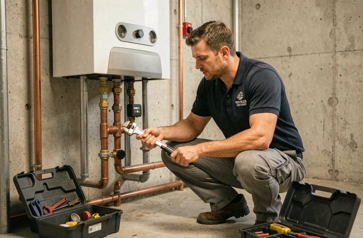 Plombier de Martin Plomberie travaillant sur l'installation d'une chaudière moderne dans un sous-sol résidentiel en Haute-Savoie