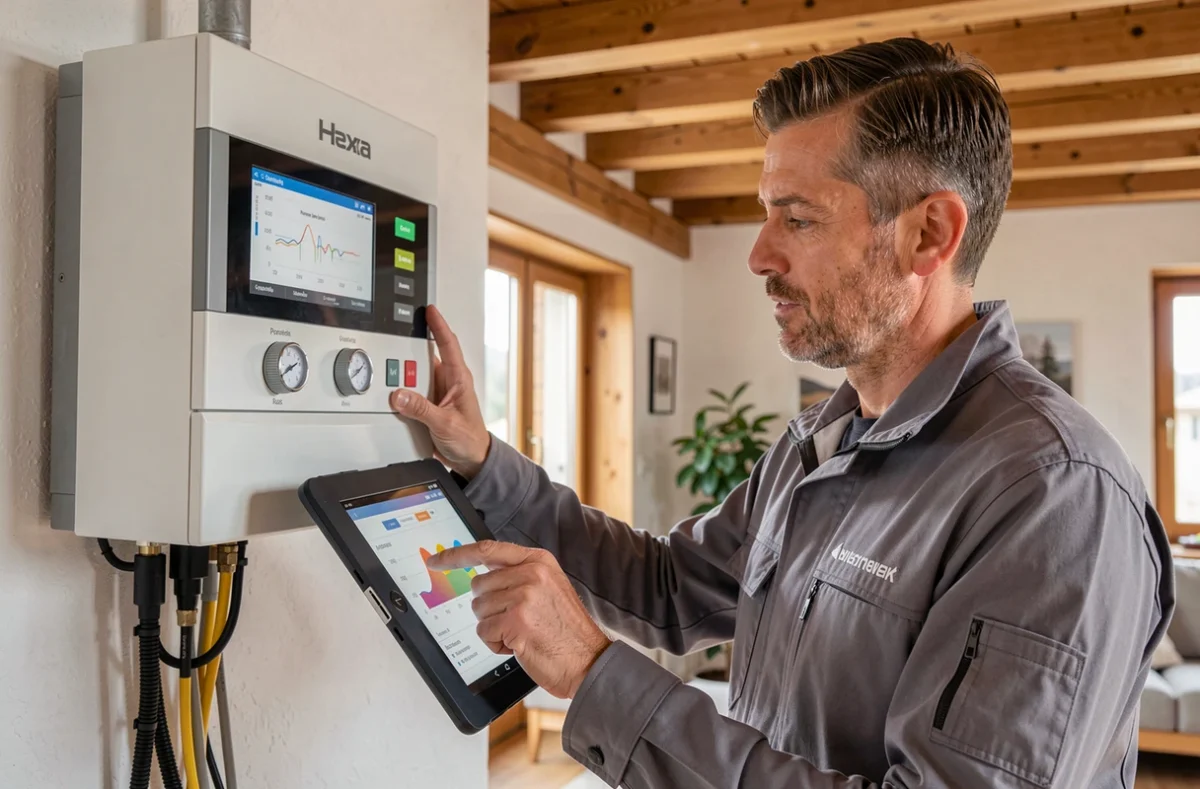 Spécialiste de MD Thermique vérifiant une pompe à chaleur murale dans une maison rénovée en Haute-Savoie