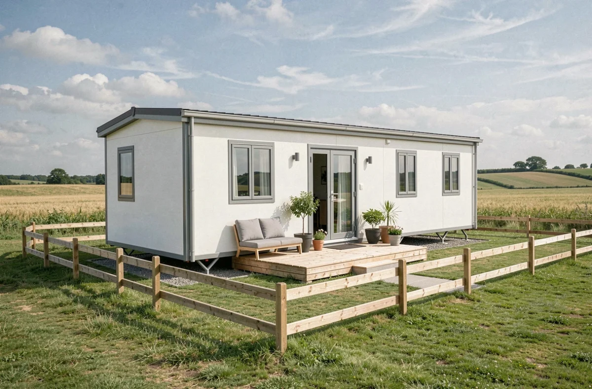 Mobil home neuf blanc et gris sur une parcelle de terrain clôturée en Vendée avec terrasse en bois et pelouse verte