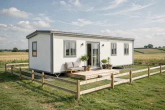 Mobil home neuf blanc et gris sur une parcelle de terrain clôturée en Vendée avec terrasse en bois et pelouse verte