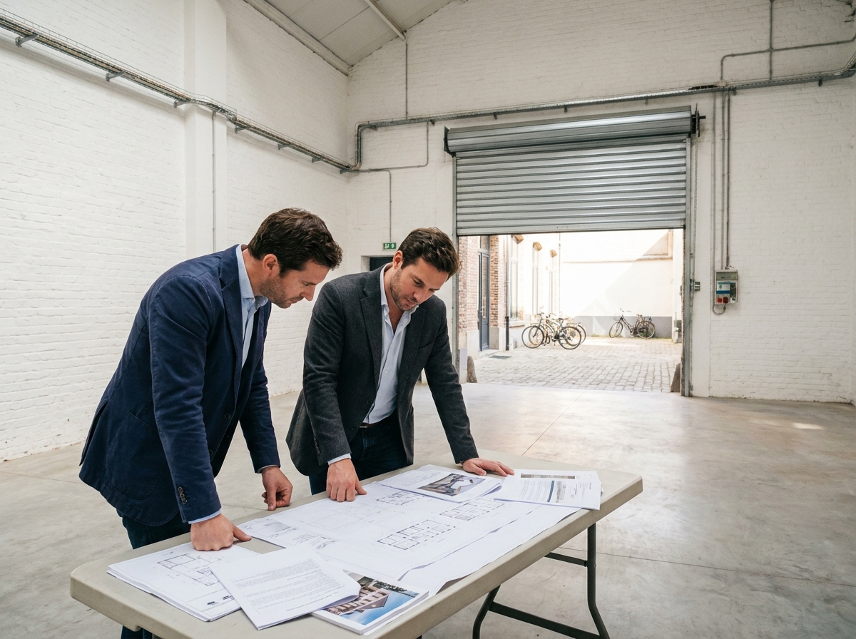 Deux professionnels étudiant les plans d'un entrepôt commercial à Lille lors d'une visite d'acquisition