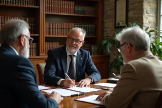 Notaire expliquant un acte de donation à un couple dans son étude notariale avec documents officiels sur le bureau