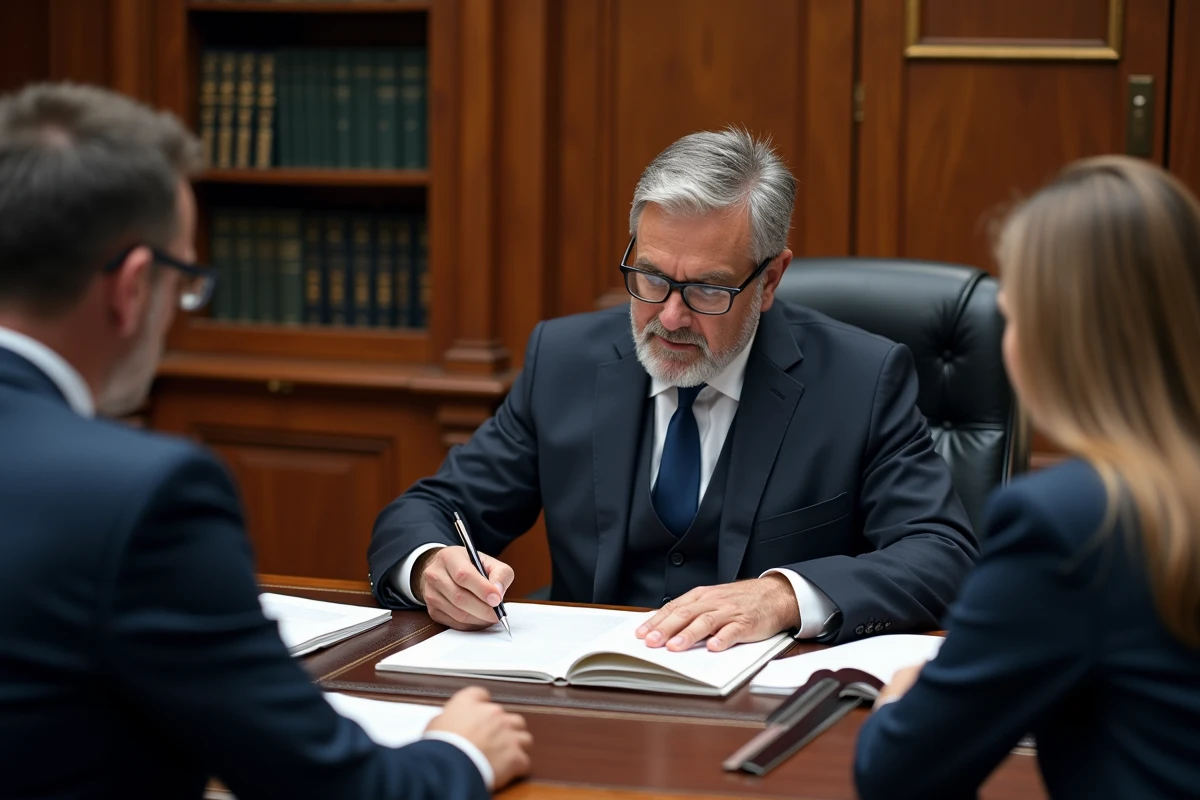 Notaire en costume marine examinant un dossier juridique avec des clients dans un bureau notarial traditionnel, dans le cadre d'une succession ou d'un achat en indivision