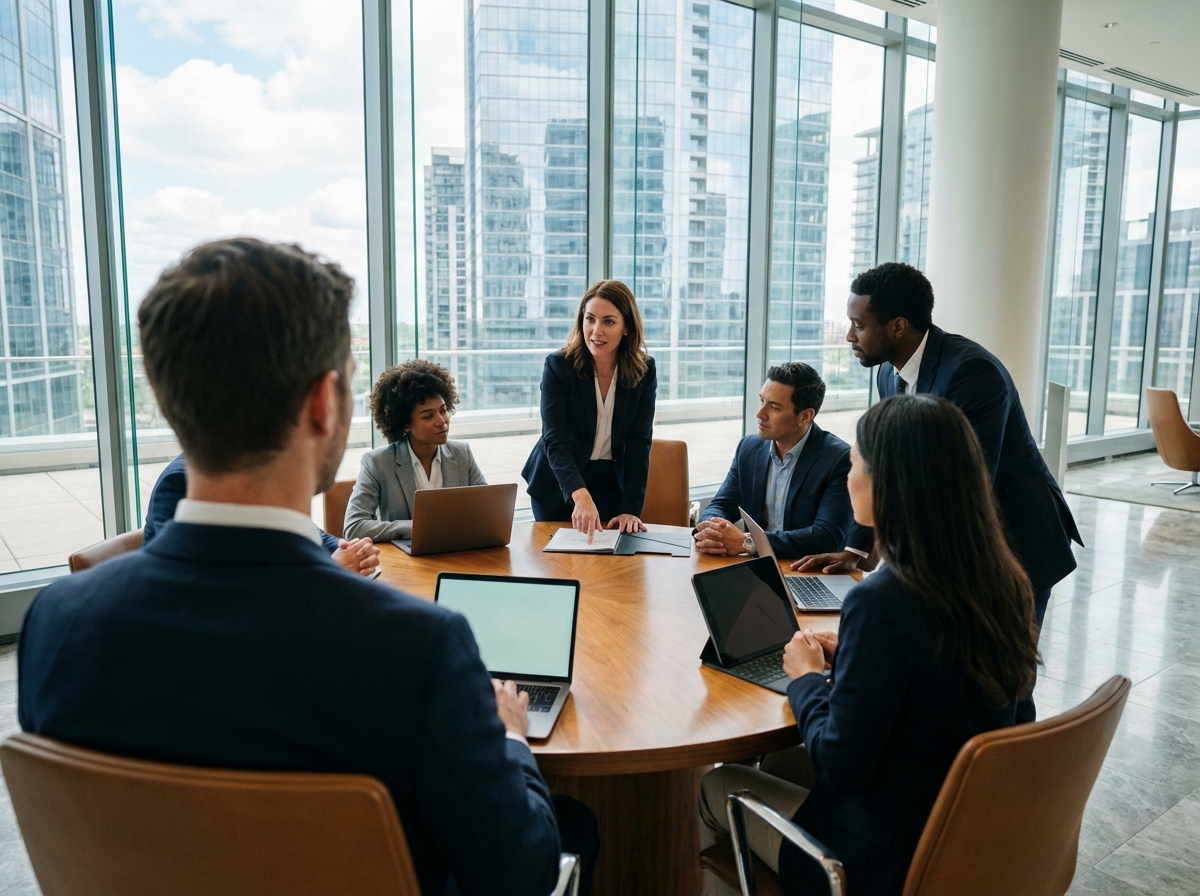 Femme notaire discutant avec collègues dans un lounge d