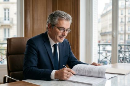 Notaire français en costume examinant des documents dans un bureau moderne