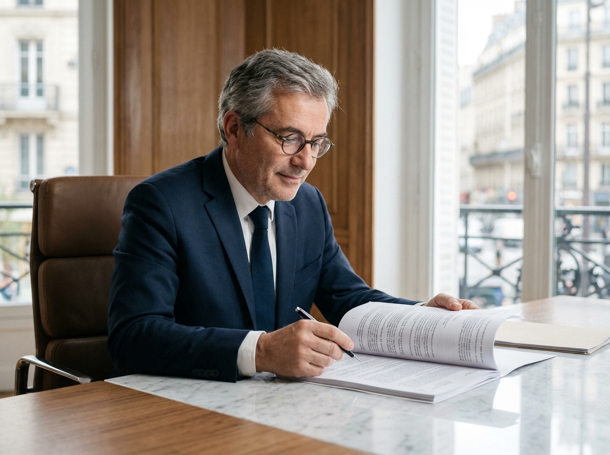 Notaire français en costume examinant des documents dans un bureau moderne