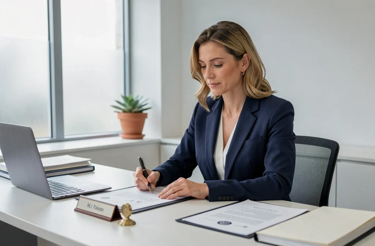 Notaire signant un acte authentique lié à une transaction immobilière sur construction neuve