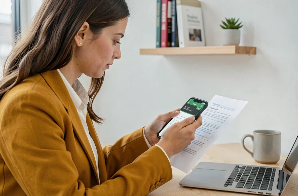 Jeune femme numérisant une attestation d'assurance habitation avec son smartphone dans un bureau à domicile