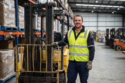 Homme opérateur de chariot élévateur dans un entrepôt industriel