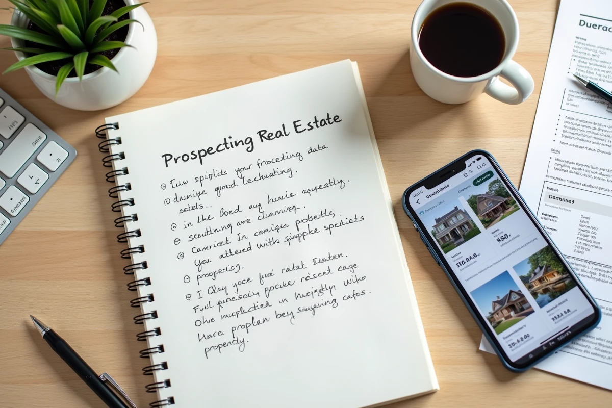 Bureau organisé d'un agent immobilier avec notes de prospection carnet application intranet et fiches de biens