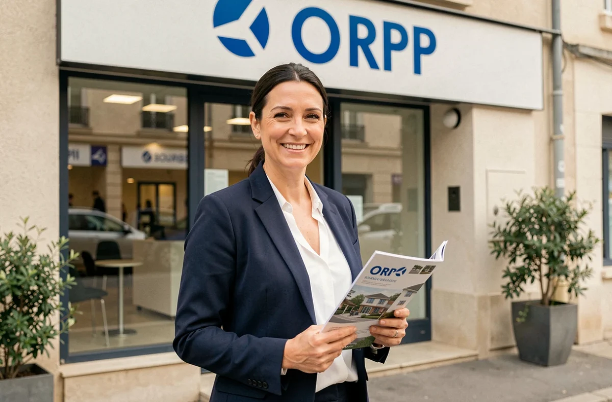 Agent immobilier femme devant l'agence Orpi à Bourges tenant une brochure immobilière