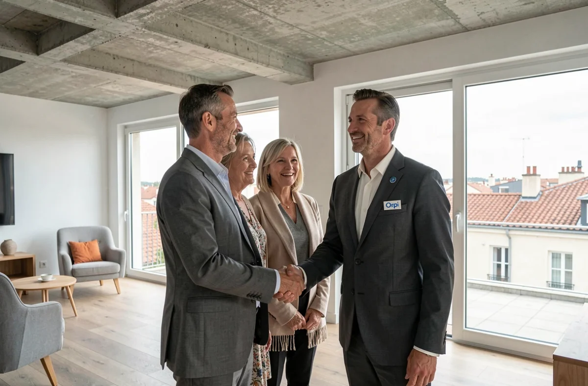 Agent Orpi Dijon concluant une transaction immobilière avec un couple dans un appartement moderne avec vue sur les toits dijonnais