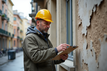Ouvrier examinant une façade ancienne de bâtiment