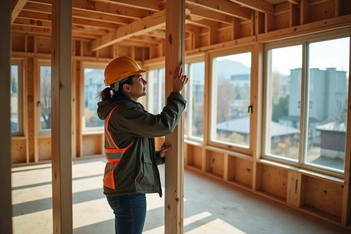 Femme ouvriere mesurant une poutre en bois dans une maison