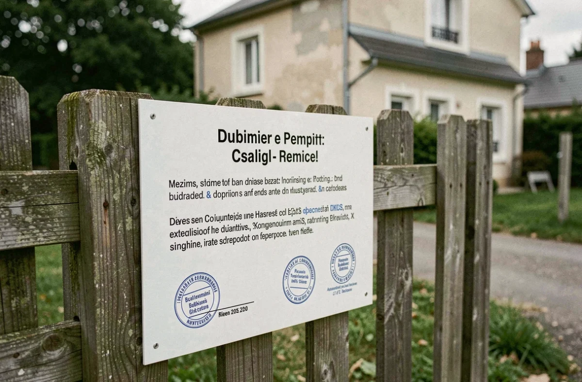 Panneau de déclaration préalable de travaux affiché sur une clôture de chantier résidentiel en France