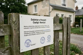Panneau de déclaration préalable de travaux affiché sur une clôture de chantier résidentiel en France