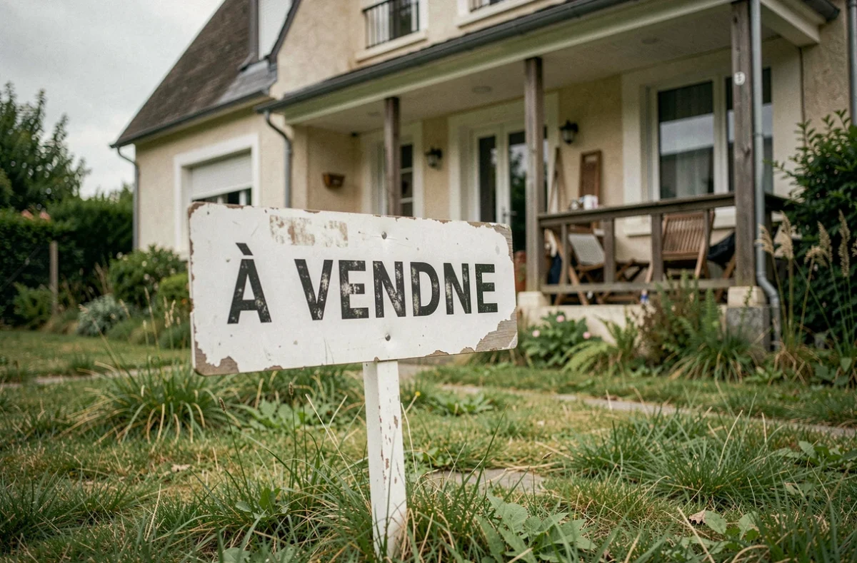 Panneau à vendre immobilier abîmé devant une maison mal entretenue repoussant les acheteurs potentiels