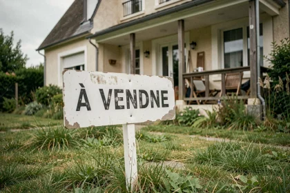 Panneau à vendre immobilier abîmé devant une maison mal entretenue repoussant les acheteurs potentiels