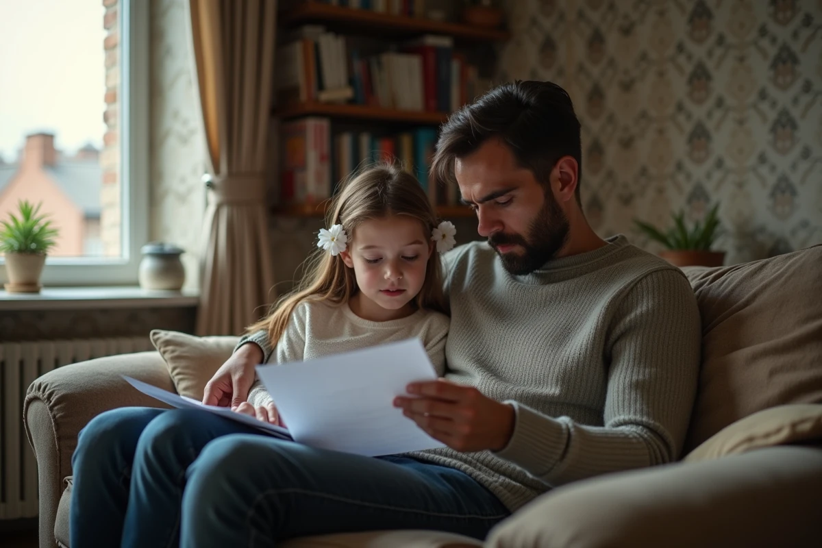 Père et fille discutant de documents de logement sur un canapé