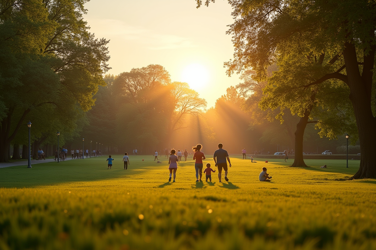 Parc vibrant à CessonSévigne au lever du soleil avec familles