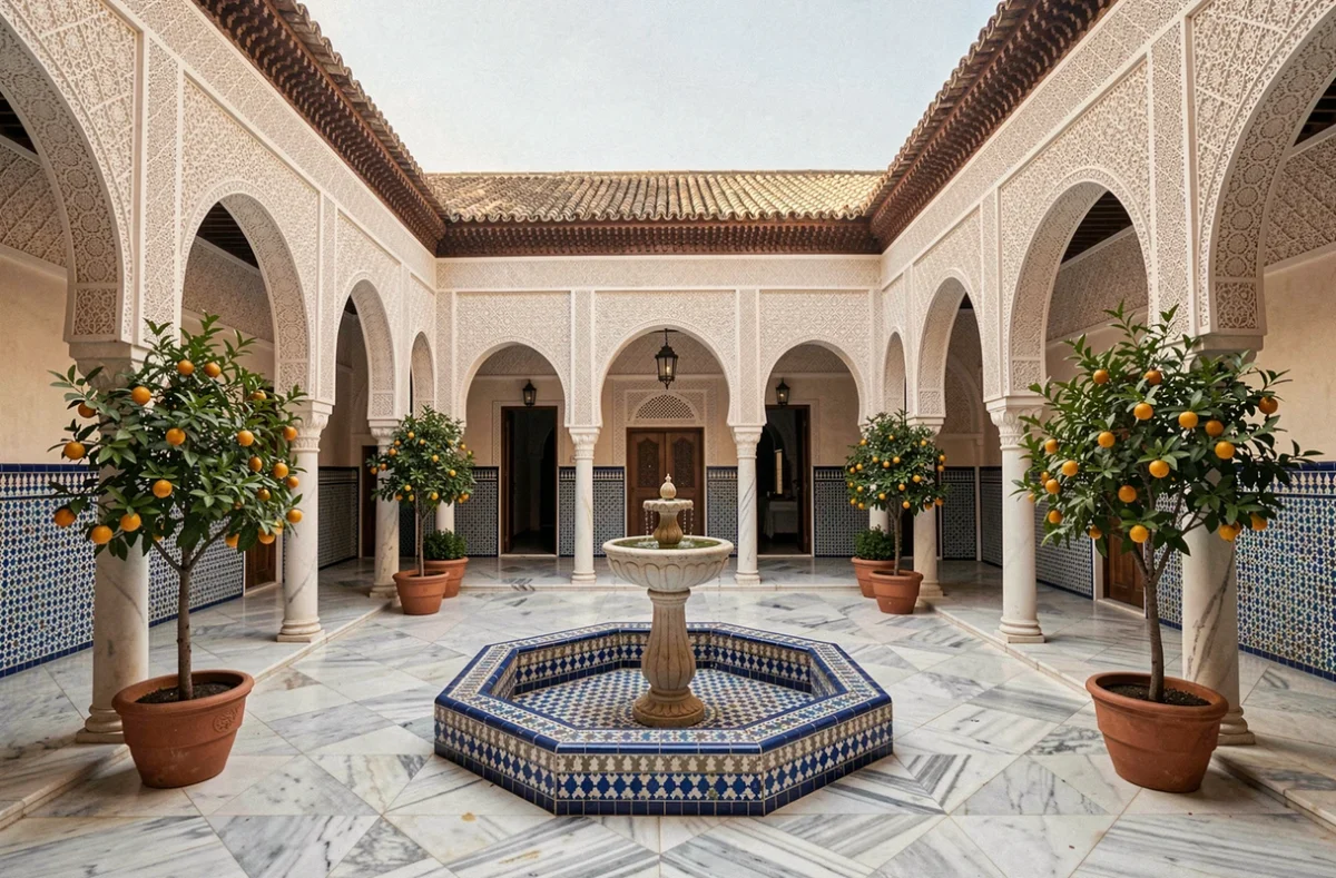 Patio intérieur d'une villa riad à Marrakech avec fontaine en zellige et colonnes sculptées idéale pour investissement locatif