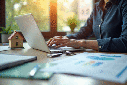 Personne utilisant un ordinateur avec documents immobiliers et clés