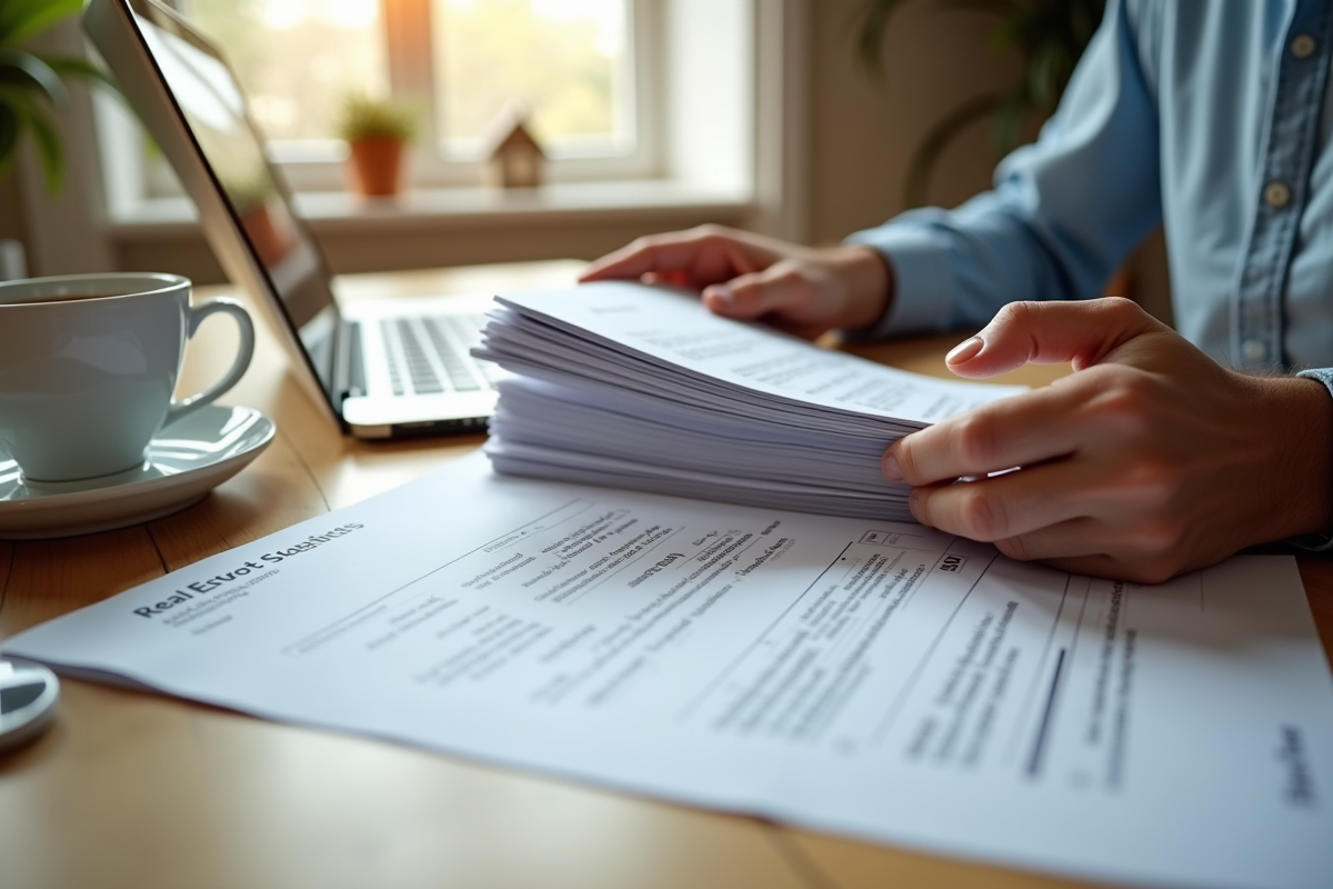 Personne étudiant des contrats immobiliers dans une cuisine lumineuse