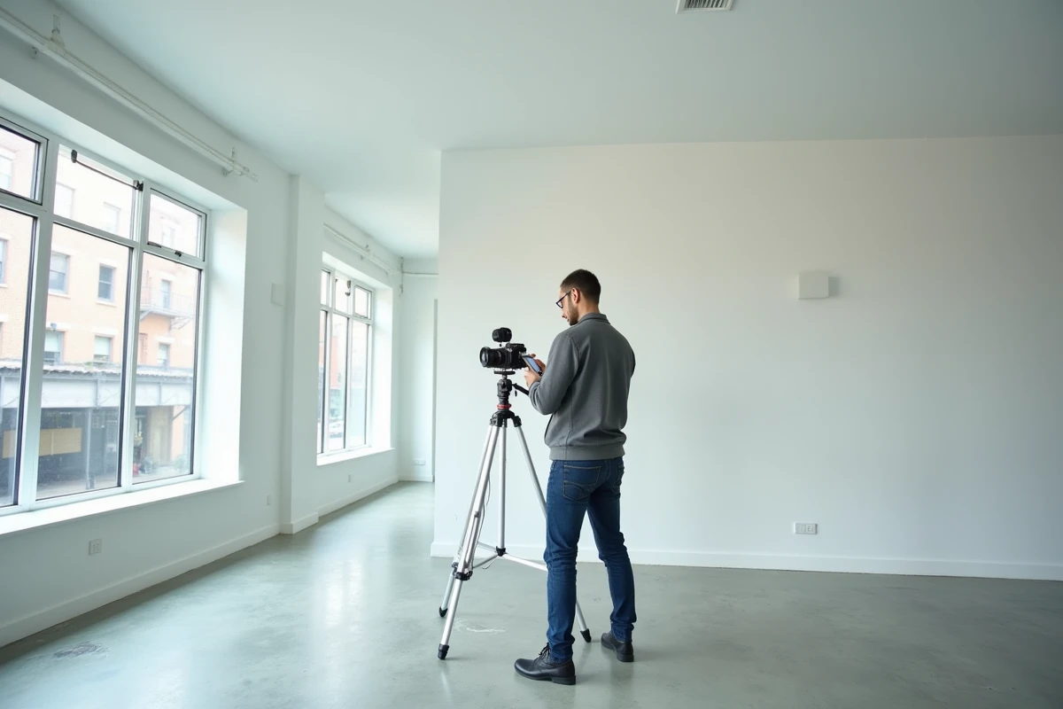 Photographe professionnel installant une caméra 360 degrés dans un appartement rénové pour une visite virtuelle immobilière