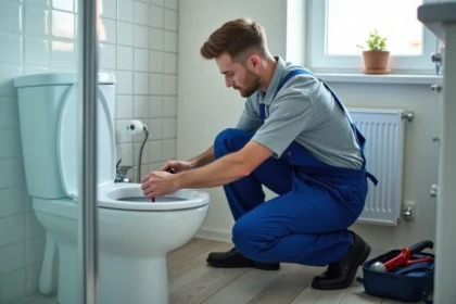 Jeune plombier en action dans une salle de bain moderne