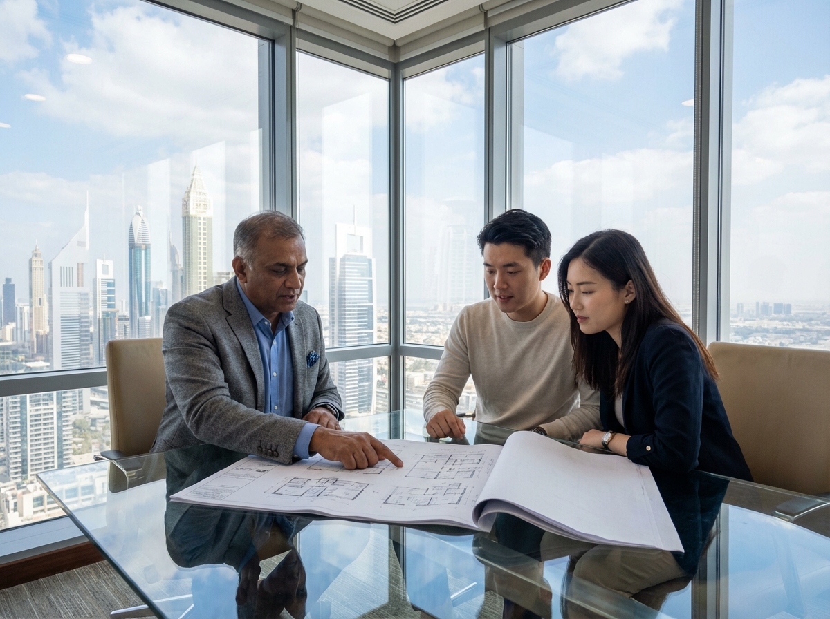 Agent immobilier sud-asiatique présente plans à un couple à Dubai