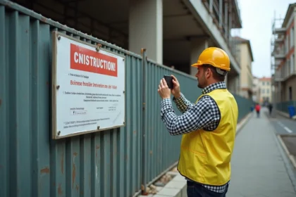 Entrepreneur photographiant un panneau de chantier réglementaire avec son smartphone pour constituer une preuve d'affichage