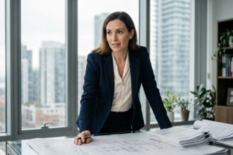 Professionnelle de l'immobilier analysant des plans et documents financiers dans un bureau moderne avec vue sur la ville