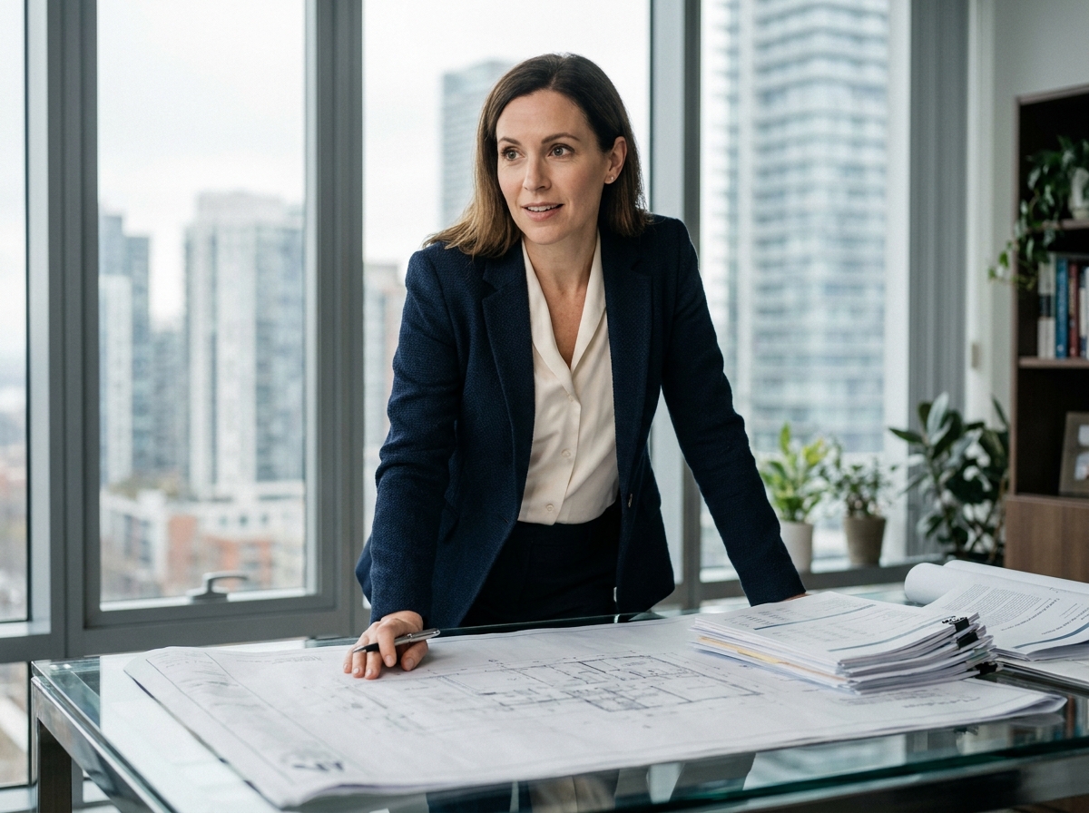 Professionnelle de l'immobilier analysant des plans et documents financiers dans un bureau moderne avec vue sur la ville