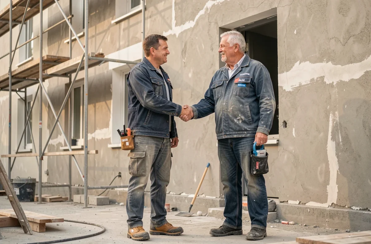 Deux professionnels du bâtiment se serrant la main devant un chantier de rénovation résidentielle