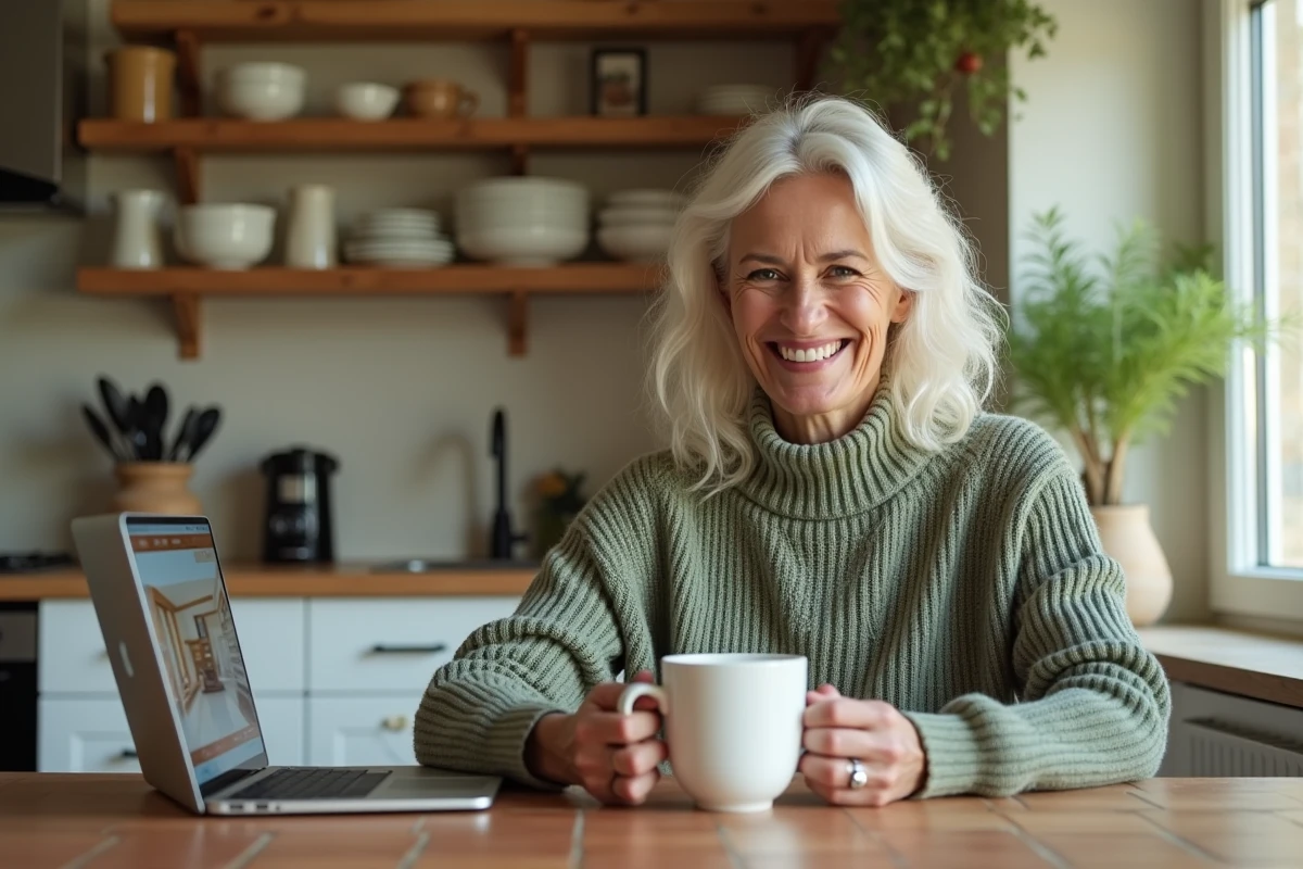 Propriétaire de location saisonnière consultant une visite virtuelle 360 sur son ordinateur dans une cuisine de cottage