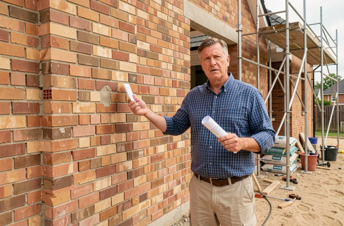 Propriétaire devant une extension de maison en construction sans affichage de déclaration préalable de travaux